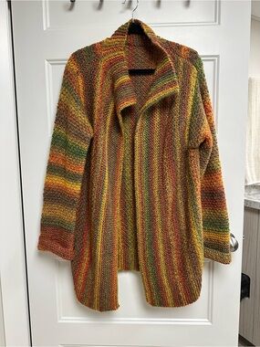 Open-Front Multicolor Striped Knit Sweater - Fall Colors